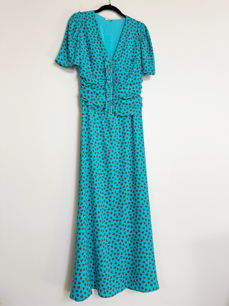 P.A.R.O.S.H. Heart Print Silk Midi Dress In Blue Red